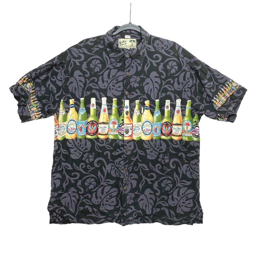 Koko Island Hawaiian Shirt Mens XL Black Beer Bottles Tropical Made in USA